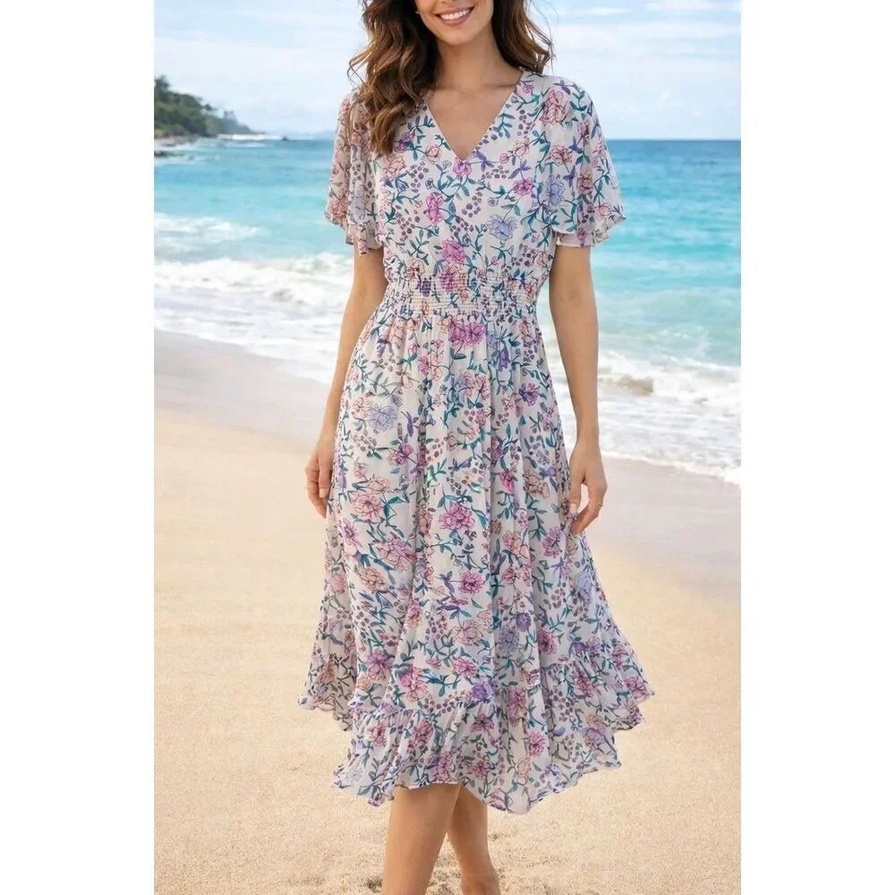Tahari pink floral ruffled sleeve smocked midi dress 6